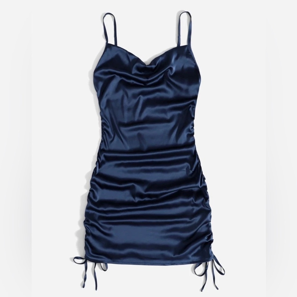 Navy Blue Drawstring Ruched Dress